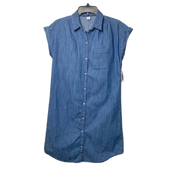 Old Navy Chambray Cuffed Cap-Sleeve Shirt Dress Medium Wash Blue Sz Small Petite - Picture 5 of 14